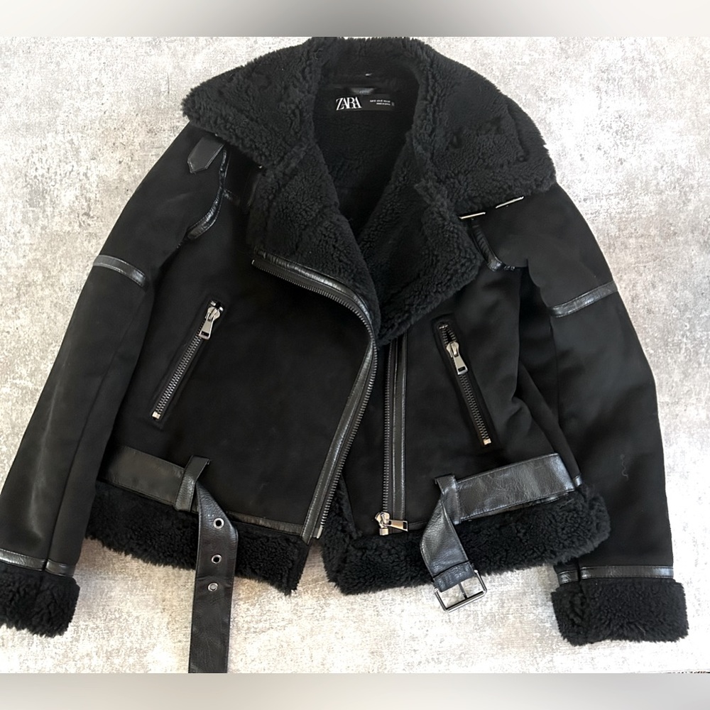 ZARA Double-Faced Jacket Sherpa Moto Small Black